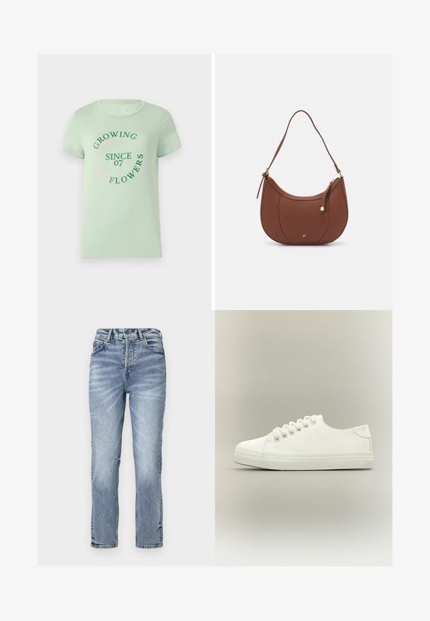 Camisa de algodón verde claro con mangas cortas. En el frente presenta un texto circular: "Cultivando Flores Desde 07" en verde y rosa. Con cuello redondeado.; Jeans de mezclilla azul claro con ajuste recto, cintura alta, textura desgastada y cinco bolsillos. Presenta cierre de botón metálico y cremallera.; Zapatilla blanca baja con cordones blancos y suela de goma mostrada desde vista lateral sobre un fondo neutro.; Bolso de hombro de imitación cuero marrón con forma curva, costura mínima y un acento de hardware en tono dorado. Presenta un cierre de cremallera en la parte superior y una correa ajustable.