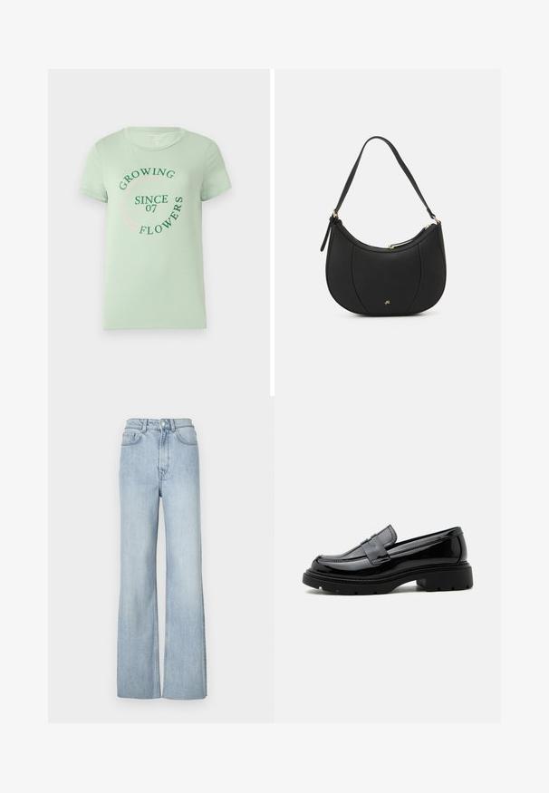 Lys grøn t-shirt i bomuld med korte ærmer. Forsiden prydes af cirkulær tekst: "Vokser Blomster Siden 07" i grøn og pink. Rundet halsudskæring.; Lyseblå denim flared jeans med høj talje, der har frontlommer og subtile syninger langs benene.; Sort skinnende læderloafer med kraftig sål og pennyrem, vist i sideprofil på en ensfarvet hvid baggrund.; Sort læderhåndtaske med en buet form, struktureret overflade, forreste syninger og et logo i guldfarve. Har en enkelt justerbar rem.
