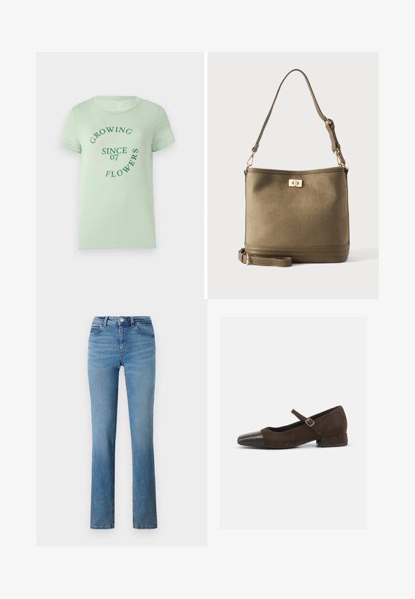 Lys grøn t-shirt i bomuld med korte ærmer. Forsiden prydes af cirkulær tekst: "Vokser Blomster Siden 07" i grøn og pink. Rundet halsudskæring.; Lyseblå denimjeans med lige ben, forsynet med lynlås, knaplukning og syede lommer foran og bagpå.; Brun ruskind Mary Jane-sko med en sort laklæder tåhætte, justerbar rem og en lav blokhæl. Glat tekstur med minimale detaljer.; Olivengrøn bucket-taske med justerbar skulderrem og guldfarvet drejelås foran.