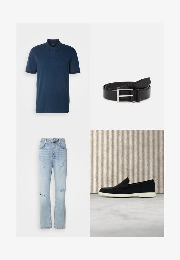 BOSS Poloshirt - open blue; Licht gewassen denim jeans met een ontspannen pasvorm, voorzien van versleten plekken en rafelige randen. De stof heeft een zachte, gladde textuur.; Zwarte instapper met een ronde neus, voorzien van een textuur bovenwerk, gladde witte zool en subtiele merktekens aan de zijkant.; Zwarte leren riem met een glanzende afwerking; voorzien van een zilveren metalen gesp met een rechthoekig frameontwerp en gladde randen.