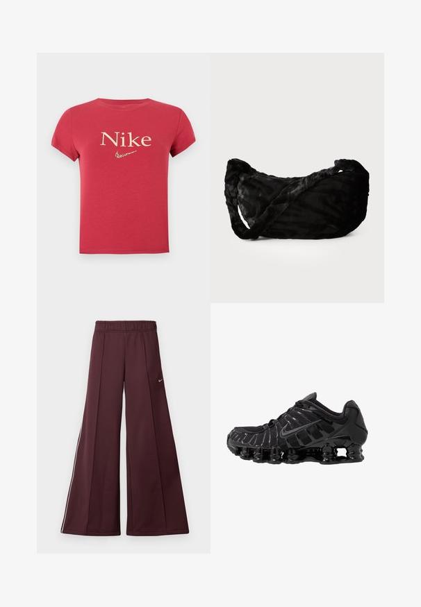 Rød t-shirt med korte ærmer med "Nike" tekst og et lille leopardmønstret Nike swoosh-logo centreret på brystet.; Bordeaux bredde-bukser i et glat stof med elastisk talje og hvide striber på siden. Har et lille Nike-logo på venstre lår.; Sort atletisk sko med mesh-overdel og glatte overlays. Har buet spiralbøsningsdæmpning og strukturerede linjer på siden. Nike-logoet er synligt.; Sort stofpose med et struktureret bølgemønster, der har et snoet håndtag og afrundet form. Blødt, pelsagtigt materiale, der giver en taktil fornemmelse.