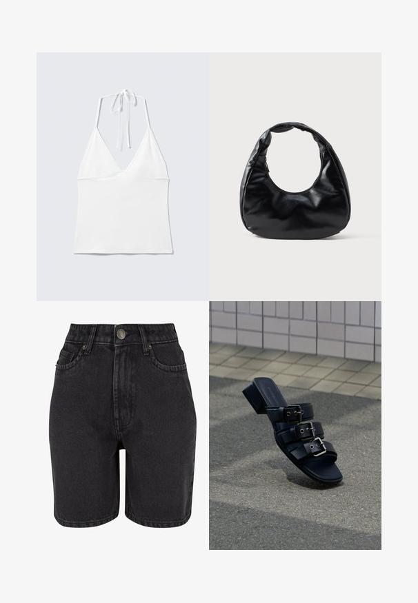 Haut blanc sans manches à col halter avec des bonnets triangulaires et de fines bretelles nouées autour du cou sur un fond clair uni.; Shorts en denim noir à taille haute, avec un design à cinq poches et un système de fermeture à bouton en métal. Le tissu a une texture lisse avec un léger dégradé.; Mule noire à bout ouvert avec trois brides à boucle et un petit talon carré, posée sur une surface asphaltée près d'un pavement en carrelage.; Sac à main en simili cuir noir avec une forme de croissant unique, une large poignée rembourrée et une fermeture éclair. Texture lisse et brillante, design minimaliste.