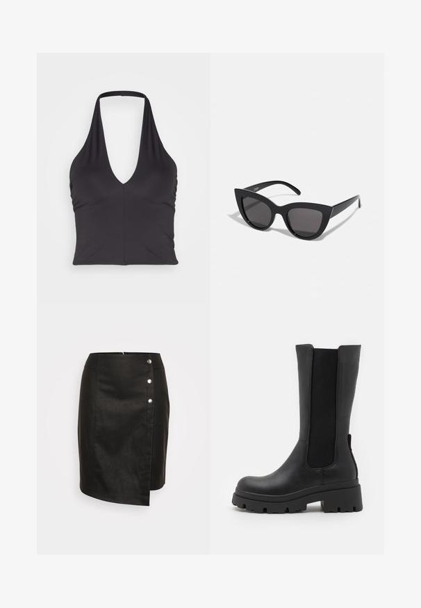 ONLY ONLEA HALTERNECK - Débardeur - black; ONLY ONLNANNA SKIRT - Jupe portefeuille - black; ONLY SHOES ONLDOJA - Bottes à plateau - black; Lunettes de soleil noires en forme d'œil de chat avec une finition mate, dotées de verres teintés gris, d'angles aigus et de branches élégantes. Nom de la marque visible sur la branche intérieure.