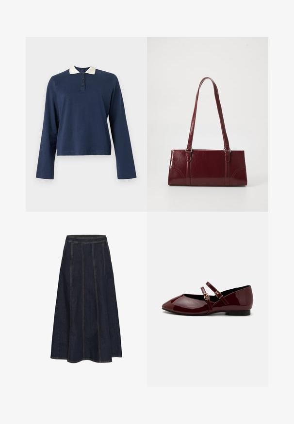 Marineblauw poloshirt met lange mouwen, witte kraag en een placket met drie knopen, weergegeven op een effen achtergrond.; Donkerdenim A-lijn rok met een brede tailleband, zichtbare stiksels en een uitlopende zoom. Er zijn geen zakken of versieringen aanwezig.; Anna Field by Zalando Ballerina's met enkelbandjes - dark red; Bourgondische handtas van glanzend materiaal, rechthoekige vorm, met twee schouderbanden en subtiele gebogen accenten aan de voorkant.