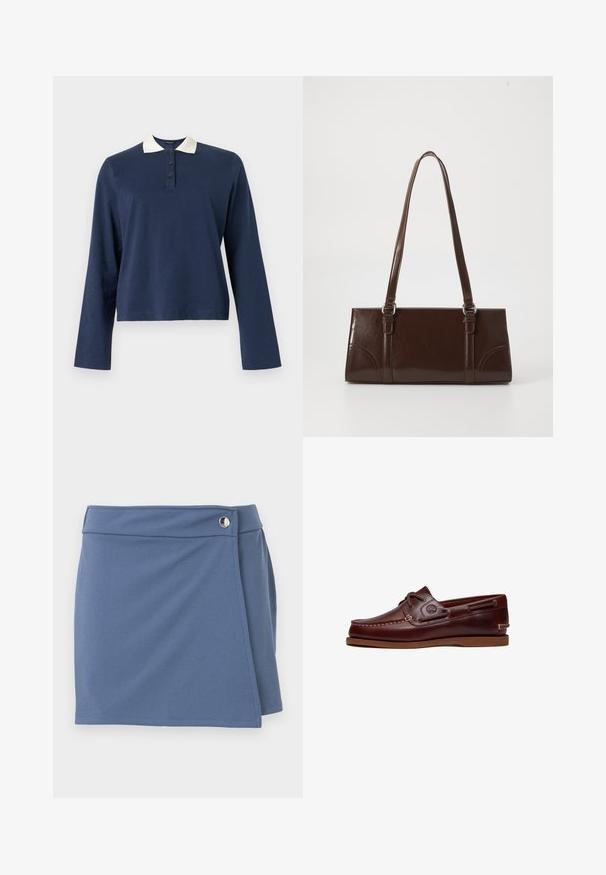 Marineblauw poloshirt met lange mouwen, witte kraag en een placket met drie knopen, weergegeven op een effen achtergrond.; Blauwe rok in wikkelstijl met een hoge tailleband en een zilveren knoopsluiting aan de rechterkant, afgebeeld tegen een witte achtergrond.; Bruine leren boot schoen met veters, stiksel details en Timberland-logo aan de zijkant, weergegeven op een witte achtergrond.; Bruine lakleren handtas met een rechthoekige vorm, twee lange handvatten en subtiele gebogen accenten aan de voorkant.