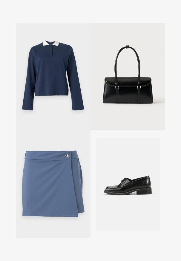 Polo de manga larga azul marino con cuello blanco y tapeta de tres botones, exhibido sobre un fondo liso.; Falda azul estilo cruzado con una cintura alta y un cierre de botón plateado en el lado derecho, presentada sobre un fondo blanco.; Zapato de dress de cuero negro con textura suave, puntera redondeada, dos ojales para cordones y un sólido tacón cuadrado. Diseño simple sin patrones.; Bolso rectangular de cuero negro con cierre de solapa y dos asas largas sobre un fondo blanco liso.