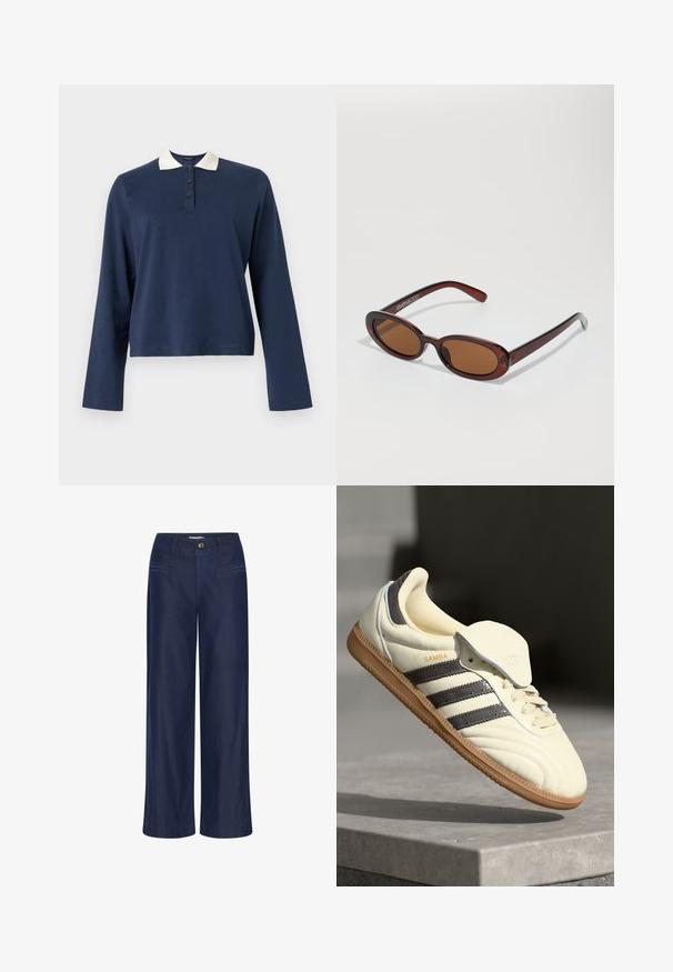 Polo de manga larga azul marino con cuello blanco y tapeta de tres botones, exhibido sobre un fondo liso.; ICHI IHFlared - Vaqueros a campana - dark blue; Zapatilla de cuero crema con tres rayas oscuras, suela de goma marrón y punta redondeada. Cuenta con una lengüeta plegable etiquetada como "SAMBA".; Gafas de sol redondas con tinte marrón y un marco burdeos brillante. Patillas delgadas con un sutil detalle de marca. Diseño de lentes planos.