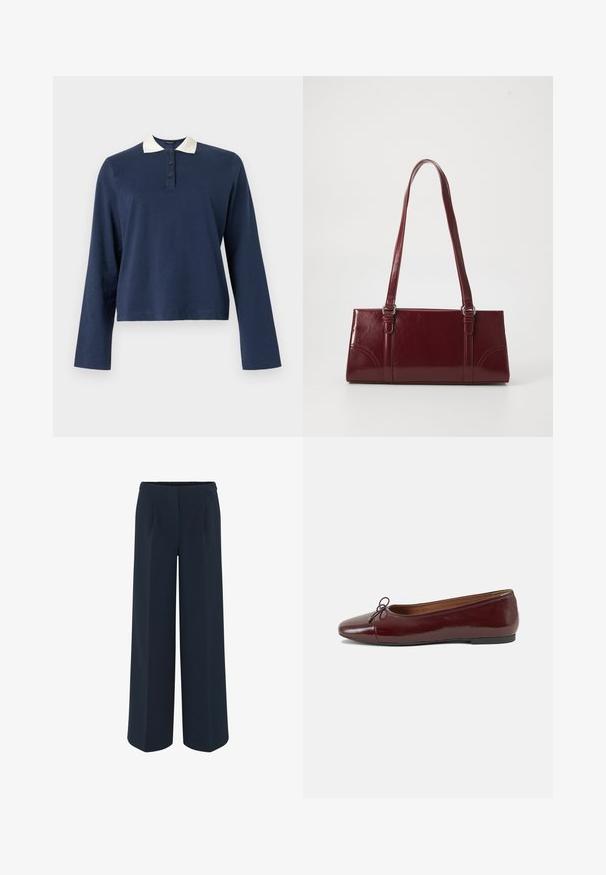 Marineblauw poloshirt met lange mouwen, witte kraag en een placket met drie knopen, weergegeven op een effen achtergrond.; Wijd-uitlopende broek in donkerblauw, met een gladde stof, op maat gemaakte plooien en een hoge taille. Geen zichtbare zakken of versieringen.; Bordeaux gepatenteerd lederen ballerina met een ronde neus, een klein strikaccent aan de voorkant en een lage, zwarte rubberen zool. Glad textuur.; Bourgondische handtas van glanzend materiaal, rechthoekige vorm, met twee schouderbanden en subtiele gebogen accenten aan de voorkant.