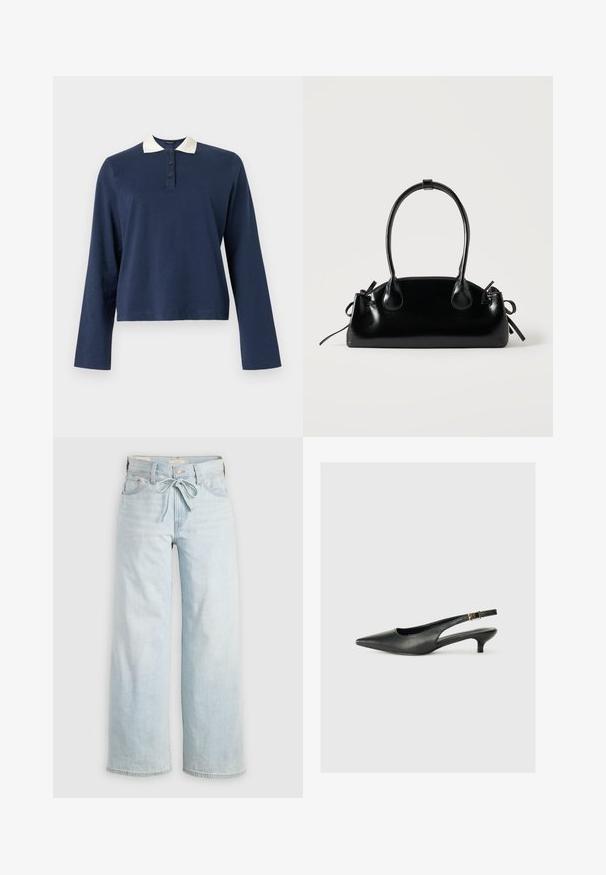 Polo de manga larga azul marino con cuello blanco y tapeta de tres botones, exhibido sobre un fondo liso.; Jeans de tiro alto de color azul claro, de pierna ancha, con lazo en la parte delantera, diseño clásico de cinco bolsillos y un sutil detalle de desgaste en las piernas. Material de denim.; Zapato de tacón slingback negro de punta afilada, hecho de cuero suave. Presenta un tacón delgado y un detalle de hebilla en la correa ajustable.; Pequeño bolso negro brillante con dos asas largas y detalles de cordón lateral sobre un fondo claro liso.