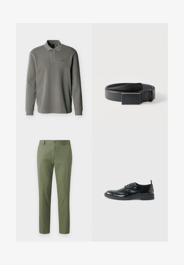 Polo de manga larga gris con dos botones y textura acanalada, con pequeño logo "BOSS" bordado en el pecho izquierdo.; Pantalones verdes de tejido texturizado, con corte slim, piernas rectas y cierre de botón en la parte delantera. Adecuados para un uso casual o formal.; Zapato de vestir negro de cuero brillante con tacón bajo, cierre de cordones y puntera redonda, mostrado de lado sobre un fondo claro y liso.; Cinturón de cuero negro enrollado con una hebilla rectangular negra mate y un logotipo en relieve discreto sobre un fondo blanco.