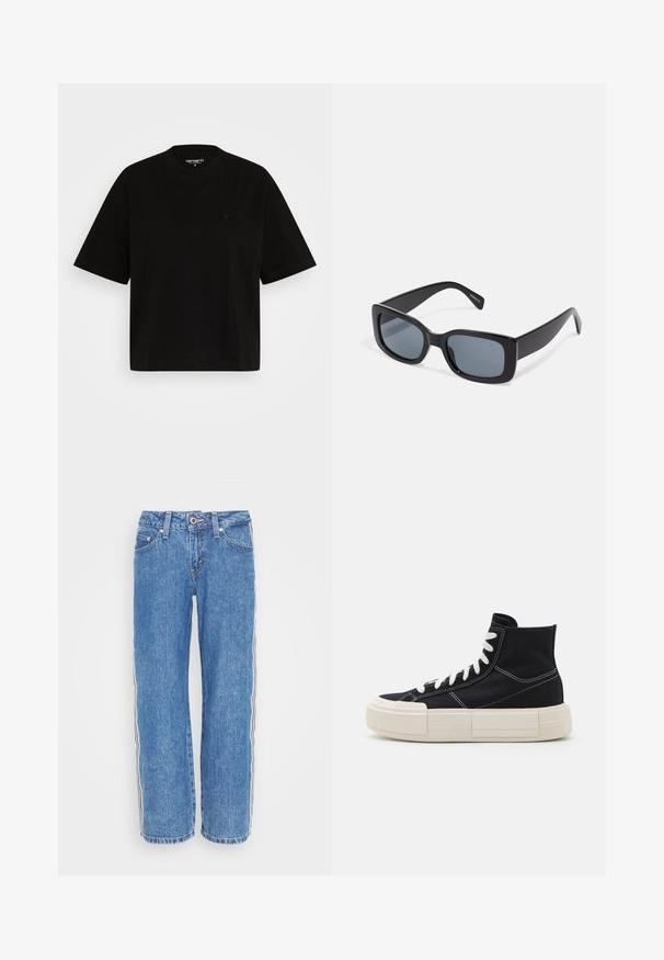 Camiseta de algodón negra con un corte relajado, mangas cortas, cuello redondo y un pequeño detalle del logo en el lado izquierdo del pecho.; Jeans de denim azul con un corte recto, que presentan rayas verticales en blanco y negro en los laterales y un cierre de botón en la cintura.; Zapatilla alta de lona negra con cordones blancos, suela gruesa color crema, costuras en contraste y un diseño de punta redondeada.; Gafas de sol rectangulares negras con lentes oscuros, montura de plástico grueso y patillas anchas. Superficie lisa y diseño anguloso.