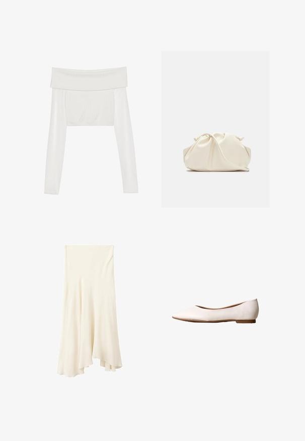 Haut court blanc décolleté avec des manches longues, texture côtelée sur le corps, manches lisses et bande élastique à l'ourlet.; Jupe midi fluide couleur crème avec un ourlet asymétrique et un tombé doux du tissu.; Chaussure de ballet plate blanche avec bout pointu et petit talon, dessus en cuir texturé et semelle couleur fauve, vue de profil sur fond blanc.; Pochette en cuir souple couleur crème avec un design froncé et une fine bandoulière reposant à l’avant sur un fond uni.