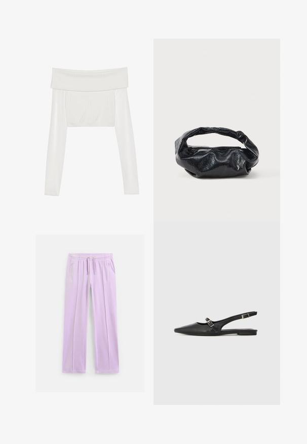 Witte off-the-shoulder cropped top met lange mouwen, geribbelde textuur op het bovenlijf, gladde mouwen en een elastische band aan de onderkant.; Lichtpaarse sweatpants met rechte pijpen, een elastische tailleband, verstelbare trekkoorden en ritszakken aan de zijkanten.; Zwarte leren slingback schoenen met een spitse neus, voorzien van een smalle band en een zilveren gesp aan de zijkant. Platte zool.; Zwarte tas van glanzend, textuur materiaal met een ronde, gedraaide handgreep en een ritsluiting. Heeft een zacht, gekreukt ontwerp.
