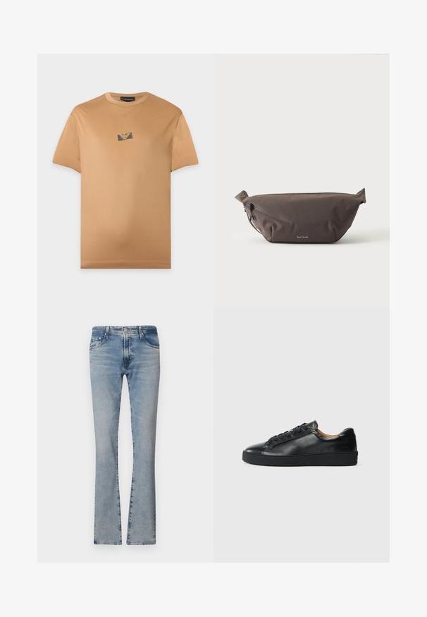 Hellbraunes kurzärmliges T-Shirt mit kleinem schwarzen und goldenen Logo, zentriert auf der Brust vor einem schlichten hellen Hintergrund.; Hellblaue, ausgestellte Jeans aus Denim mit mittelhohem Bund, fünf Taschen und einem verblassten Finish, ausgestattet mit einem Reißverschluss und einem Metallknopfverschluss.; Schwarze Leder-Sneaker mit glatter Textur, runder Zehenpartie und Schnürverschluss. Verfügt über eine dicke Gummisohle und minimalistische Marken-Details.; Dunkelbraune Stoff-Gürteltasche mit diagonalem Reißverschlussfach und kleinem weißen Logo vorne, vor einem einfarbigen hellen Hintergrund.