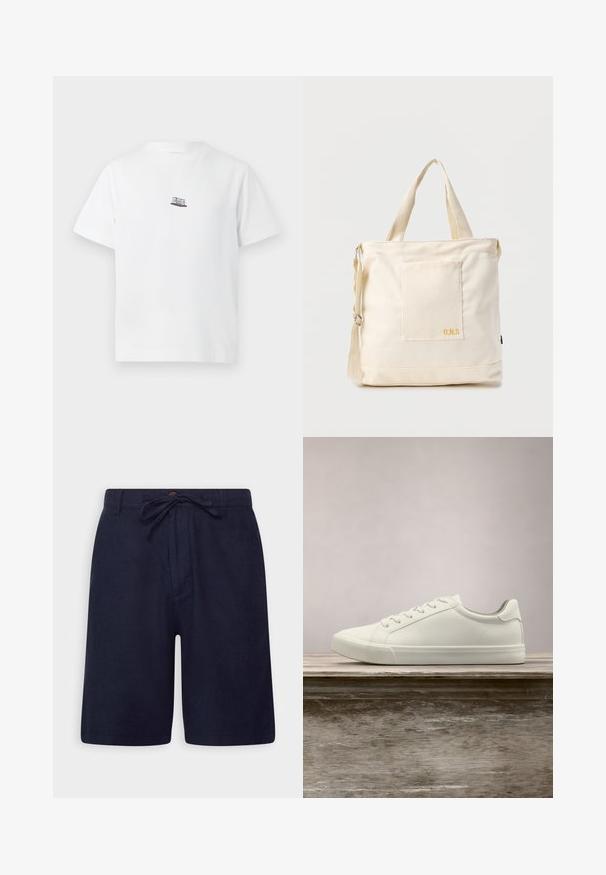 Camiseta blanca de manga corta con un pequeño gráfico de un péndulo de Newton en negro, rojo y blanco centrado en el pecho.; Pantalones cortos azul marino hechos de una tela ligera, con cintura ajustable, cierre de botón y bolsillos laterales. Textura suave y corte entallado.; Zapatilla blanca con cordones flotando sobre un banco de madera con follaje verde al fondo, mostrando el diseño y la textura del zapato.; Bolsa tote de lona color crema con bolsillo delantero, dos asas, correa de hombro ajustable y pequeño texto amarillo "O.N.S" en la parte inferior derecha del bolsillo.