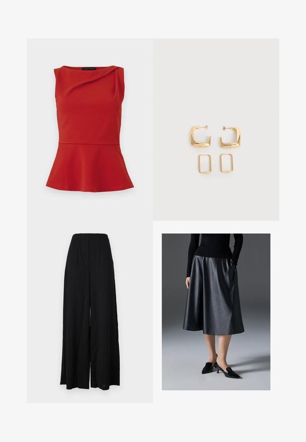 Top rouge sans manches à basque avec un décolleté asymétrique et un léger drapé près du col, étiqueté Anna Field.; Pantalons noirs à jambes larges en tissu texturé, dotés d'une taille haute avec des plis et des bords nets pour une silhouette épurée.; Jupe midi en cuir noir au toucher lisse ; elle dispose d'une taille et de poches latérales. Associée à des chaussures à talons noirs brillantes.; Deux paires de Boucles d'oreilles créoles géométriques dorées sur une surface blanche unie, une paire carrée et pleine, une paire rectangulaire et creuse.