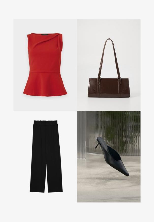 Top rouge sans manches à basque avec un décolleté asymétrique et un léger drapé près du col, étiqueté Anna Field.; Pantalons larges noirs à taille volante, dotés de deux poches latérales et d'un tissu lisse et léger. Pas de motifs ni de matériel visible.; Mule noire à bout pointu avec un talon fin et haut flottant au-dessus d'un sol en béton lisse, avec un arrière-plan flou à rayures verticales.; Sac à main en cuir verni marron de forme rectangulaire, avec deux longues poignées et des accents courbés subtils à l'avant.