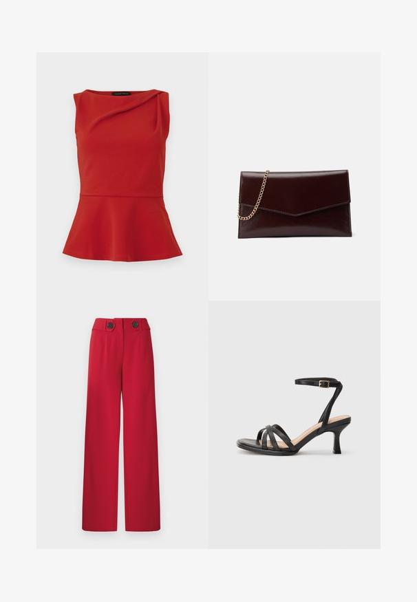 Top rouge sans manches à basque avec un décolleté asymétrique et un léger drapé près du col, étiqueté Anna Field.; Pantalon large rouge taille haute avec deux boutons noirs sur la ceinture, plis devant et ourlet droit.; Sandales à talons noirs avec plusieurs fines lanières sur le bout, une seule lanière à la cheville avec une boucle dorée, et un bout carré.; Sac à main en cuir de couleur bordeaux foncé avec un design en forme d'enveloppe. Il dispose d'une anse en chaîne dorée, d'une texture lisse et d'une fermeture en pointe.