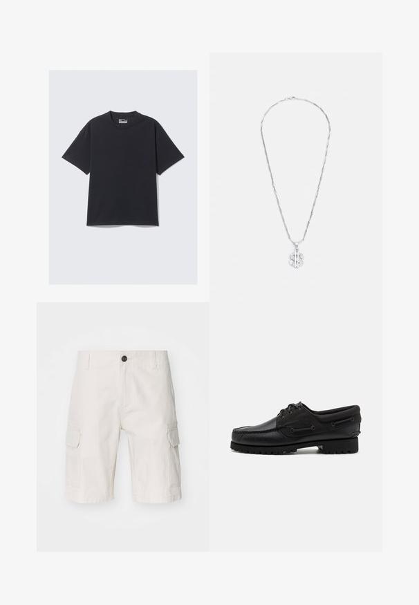 T-shirt en coton noir avec un col rond classique, des manches courtes et une coupe décontractée. Texture lisse avec un minimum de détails de couture.; Shorts cargo beiges en tissu léger, dotés de deux poches latérales, d'une fermeture à bouton et d'une coupe décontractée. Texture lisse avec un motif subtil.; Chaussure noire avec un dessus en cuir, des accents textiles, des lacets ronds et une semelle en caoutchouc texturé. Présente des coutures mocassins et des détails de marque.; Collier en argent avec des maillons allongés et un pendentif en forme de signe dollar, agrémenté de cristaux transparents.