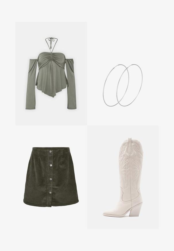 Top verde oliva sin hombros con un frente fruncido, mangas largas y un lazo en el cuello halter. Tela suave y elástica con un diseño fluido.; Falda mini de pana en verde oscuro con forma de línea A, que cuenta con cinco cierres de botones plateados en la parte delantera y textura acanalada vertical.; Bota vaquera de cuero blanco con punta afilada y tacón bloqueado. Presenta patrones de costura intrincados en el caña y una textura suave.; Pendientes de aro plateados con un diseño minimalista. Forma circular, textura suave y perfil delgado. Livianos con un acabado pulido.