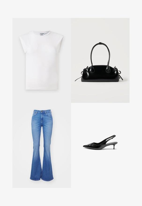 Hvid ærmeløs top med rund hals og polstrede skulderdetaljer, lavet af ensfarvet stof, vist på en neutral baggrund.; Lyseblå, trompetformede jeans lavet af denim, med høj talje, fem lommer og en let falmende farve mod kanten. Sølvfarvet knaplukning.; Sorte læder slingback-pumps med spids tå, lav kitten-hæl og rynket detalje på overdelen. Glat tekstur og minimalistisk design.; Lille sort blank håndtaske med to lange håndtag og snøre-detaljer i siden på en ensfarvet lys baggrund.