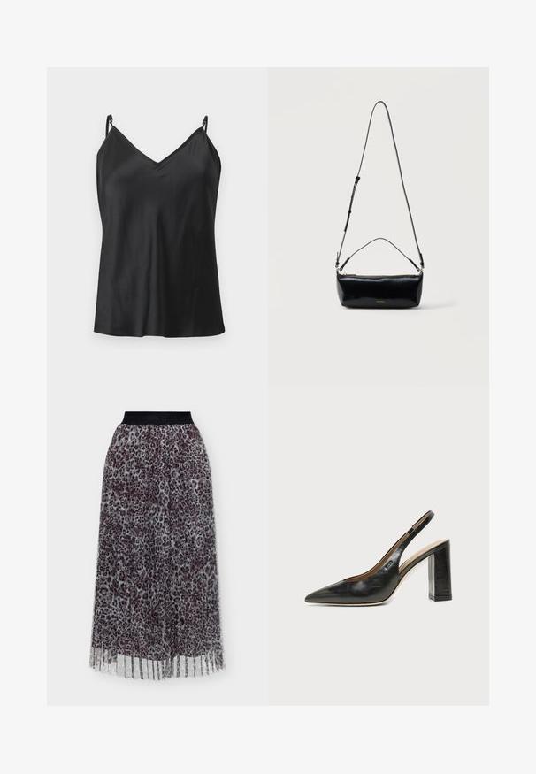 Haut caraco en satin noir avec bretelles fines réglables et encolure en V, présenté sur un fond gris clair.; Jupe plissée en tissu transparent à imprimé léopard et large ceinture élastique noire.; Chaussure slingback en cuir noir à bout pointu avec un talon bloc haut et une doublure intérieure beige sur un fond clair uni.; Sac bandoulière rectangulaire en cuir noir avec bandoulière ajustable, fermeture éclair sur le dessus et petit logo Calvin Klein doré sur le devant.