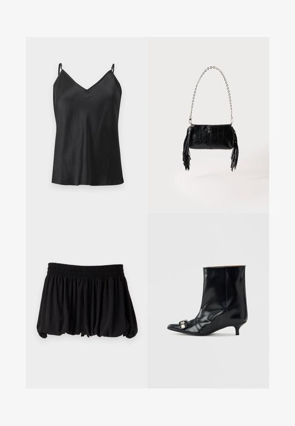 Haut caraco en satin noir avec bretelles fines réglables et encolure en V, présenté sur un fond gris clair.; Mini-jupe noire avec un ourlet bouffant et une large ceinture élastique froncée sur un fond clair uni.; Bottine en cuir noir avec bout pointu, petit talon kitten bas et boucle décorative en argent sur le côté près de l'orteil.; Petit sac à main en cuir noir avec bandoulière chaîne argentée et pompons en cuir noir de chaque côté, sur un fond clair uni.