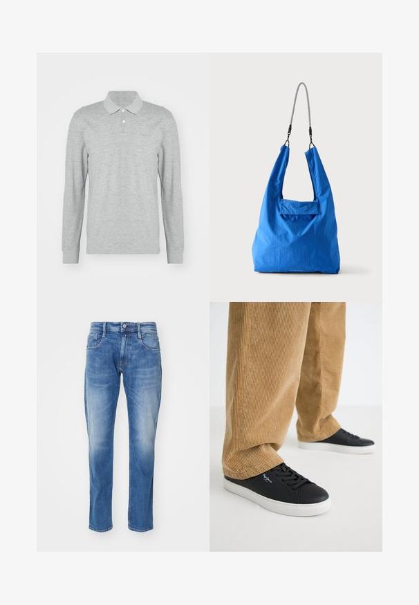 Graues Langarm-Polohemd aus weichem Stoff; mit Kragen, drei Knöpfen und dezent gesticktem Logo auf der Brust.; Hellblaue Jeans aus Denim mit geradem Bein, fünf Taschen, dezentem Verblassen und einem normalen Bund mit Knopfverschluss.; Schwarze Ledersneaker mit weißen Gummisohlen. Getragen mit beigen Cordhosen, die vertikale Rippungen und eine lockere Passform aufweisen.; Hellblaue weiche Stofftasche mit schwarzem und weißem Kordel-Schulterriemen vor hellem einfarbigem Hintergrund.