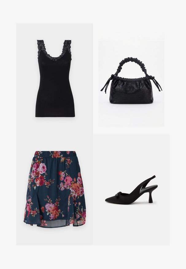 Zwarte mouwloze top met een v-hals. Kenmerkt zich door kantafwerking langs de halslijn en schouders. Zacht, rekbaar materiaal met een aansluitend ontwerp.; Floral skirt in marineblauwe stof met roze, rode en oranje bloemen. Heeft een elastische tailleband en een uitlopende design met zijsplitten.; Zwarte slingback pumps met een spits toelopende neus, kleine strik aan de voorkant en een smalle hak, afgebeeld tegen een witte achtergrond.; Zwarte handtas met krokodillenstructuur, geplooide bovenrand, samengevoerde handgreep en koordtassels aan elke kant tegen een witte achtergrond.