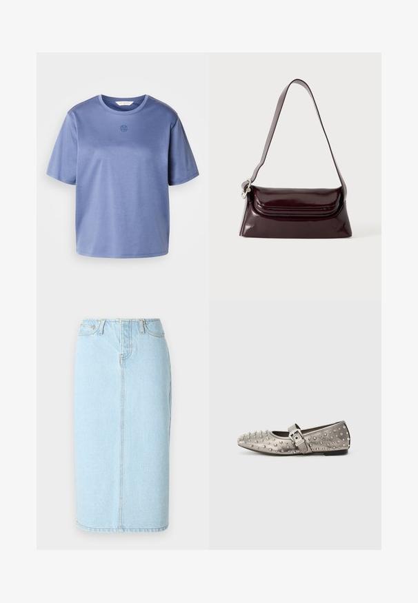 Blå kortærmet bomulds-T-shirt med rund hals og lille cirkulært logo placeret midt under kraven.; Lys blå denim blyantskørt med høj talje, fem lomme-design og subtile syninger langs sømmene.; Grå fladsko med rund tå, prydet med metalliske nitter og en sidesnor med en sølvspænde detalje. Glat tekstur.; Mørk bordeaux skuldertaske i læder med klaplukning og en tynd justerbar rem, vist på en ensfarvet lys baggrund.