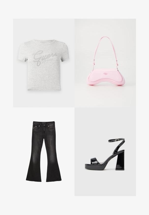 Grå t-shirt med korte ærmer og ribbet struktur, med en metallisk sølv "Guess"-logo og tekst "EST 1981" i en kursiv skrifttype.; Sorte denim flare jeans med mid-waist, der har fem lommer, kontrasterende syninger og hardware i sølvfarve.; Sorte patentlæder platform sandaler med chunky høj hæl og ankelrem med spænde på hvid baggrund.; Diesel Håndtasker - quartz pink