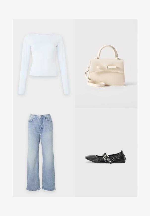 Langärmliges, hellblaues, figurbetontes Oberteil mit einem Bootsausschnitt und einem schlichten, klaren Design auf einem einfarbigen Hintergrund.; Helle blaue Wide-Leg-Jeans aus Denim, mit hohem Bund, fünf Taschen und einem Saum mit dezenten Fransen.; Schwarze Leder-Ballerinas mit spitzem Zehenbereich, gerafften Details am Schaft und einem silbernen Schnallenakzent am verstellbaren Riemen.; Kleine beige Handtasche mit Tragegriff oben, abnehmbarem Riemen, vorderer Klappe und dekorativer horizontaler Schleife vor einfarbigem Hintergrund.