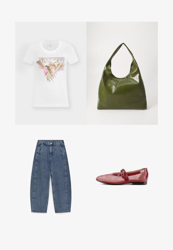 T-shirt blanc à manches courtes avec un logo triangulaire bordé de rose, un motif floral et de feuilles de palmier, et le texte "GUESS" au centre.; Jean en denim bleu taille haute à jambes larges, avec poches avant obliques, passants pour ceinture et fermeture par bouton à la taille.; Ballerines en cuir verni rouge avec une superposition en mesh, détail de boucle circulaire sur la sangle, bout pointu et petit talon noir.; Sac hobo en cuir vert au design décontracté, avec une poignée incurvée et une texture lisse. Ne contient aucun matériel ou accent visible.