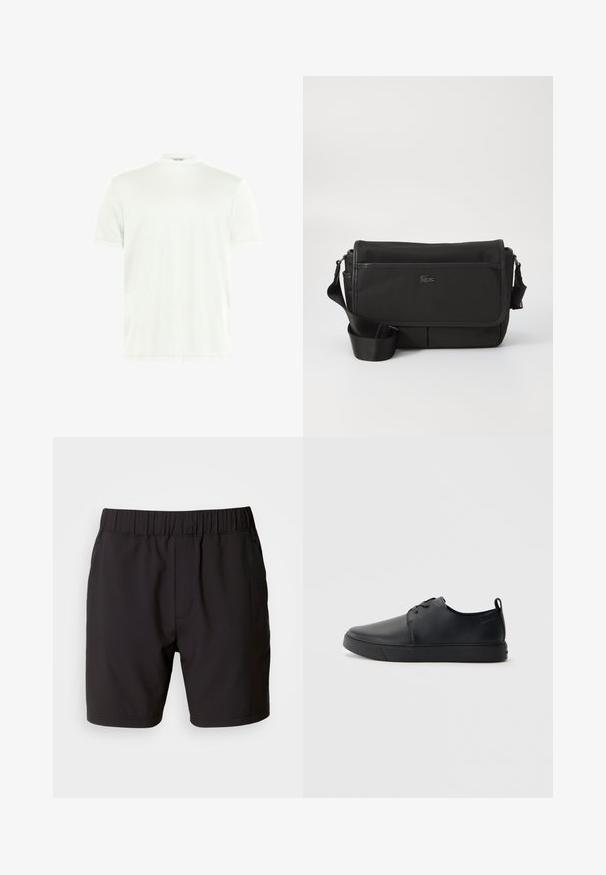 Weißes T-Shirt mit Rundhalsausschnitt aus weichem Stoff. Kurze Ärmel, keine Muster. Schlichtes Design mit geradem Saum und minimalen Details.; Schwarze Shorts aus elastischem Stoff mit einem elastischen Bund, Seitentaschen und einem schlichten, klaren Design. Keine Muster oder Verzierungen.; Schwarze Leder-Sneaker mit glatter Oberfläche, abgerundeter Zehenpartie, gleichfarbiger Nähte, schnürbarem Vorderteil und flacher Gummisohle. Schlaufe an der Ferse.; Schwarze Umhängetasche aus strukturiertem Nylon mit einer Vorderklappe, verstellbarem Tragegurt und einem kleinen Logo-Highlight. Verfügt über zwei mit Reißverschluss verschlossene Fächer.
