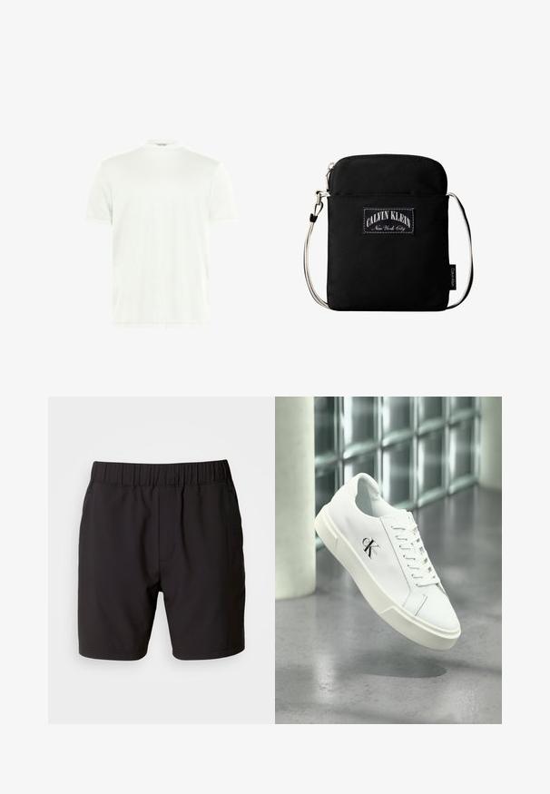 Witte T-shirt met ronde hals gemaakt van zachte stof. Korte mouwen, zonder patronen. Eenvoudig ontwerp met een rechte zoom en minimale details.; Zwarte shorts van rekbare stof, met een elastische tailleband, zijzakken en een eenvoudig, strak ontwerp. Geen patronen of accenten.; Witte Calvin Klein sneaker met veters, zwevend getoond boven een gepolijste betonnen vloer en een achtergrond van glasblokken.; Zwarte Calvin Klein crossbody tas met witte verstelbare riem en voorlabel met de tekst "Calvin Klein New York City".