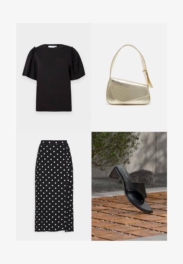 T-shirt noir à manches courtes avec un col rond, détails froncés aux épaules et une finition en coton lisse. Design simple et classique.; Jupe noire à pois blancs, faite en tissu doux. Elle présente une coupe droite et une fente en bas pour plus de liberté de mouvement.; Sandale à talon noire Calvin Klein avec boucle pour l’orteil, posée sur un sol en carreaux de bois en extérieur, près d’un arbre et d’un mur en pierre.; Sac à main en métal doré avec un design structuré, texture lisse et bandoulière ajustable. Présente une forme triangulaire unique et des coutures minimalistes.