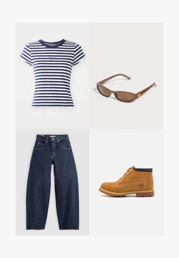 Mariene en witte gestreepte tshirt, van een katoenmix, met korte mouwen, ronde halslijn, voorzien van een klein geborduurd Nike-logo aan de voorkant.; Donkerblauwe denim jeans met een losse fit, lichte stiksels, vijf zakken en een knoopsluiting op de taille.; Tan suède enkellaars met een zwarte gewatteerde kraag, gele veterogen en een getextureerde rubberen zool. Voorzien van een bedrukt logo aan de zijkant.; Bruine rechthoekige zonnebril met licht gebogen glazen en dunne pootjes, liggend op een lichtgrijs oppervlak.