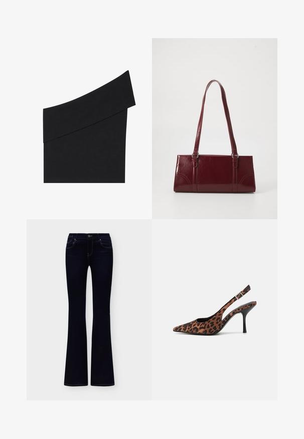 Top noir asymétrique en tissu doux, présentant une large bretelle unique et un design ajusté avec une taille à la hauteur de la taille.; Jean femme bleu foncé taille haute avec jambes évasées, poches avant et surpiqûres contrastantes, présenté sur un fond uni.; Escarpins slingback en imprimé léopard avec un embout pointu, un talon noir brillant et une bride ajustable à la cheville. Matériau doux avec une finition texturée.; Sac à main bordeaux en matériau brillant, de forme rectangulaire, avec deux anses et des accents légèrement courbés à l'avant.