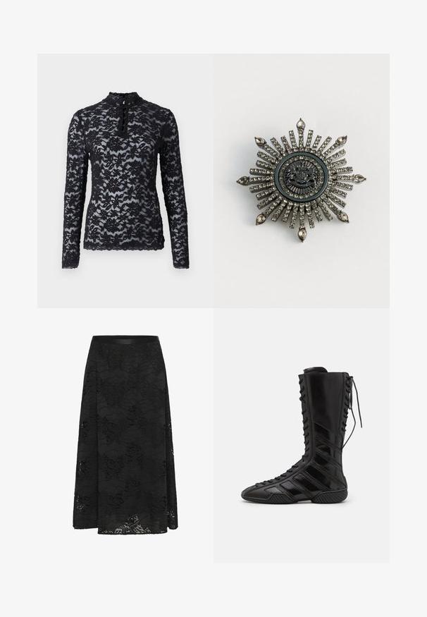 Rosemunde Camiseta de manga larga - black; Falda de encaje negro con un diseño acampanado. Presenta un patrón floral, una superficie texturizada y una cinturilla ajustada. La longitud llega hasta la mitad de la pantorrilla.; Botas altas negras de material sintético brillante, con un intrincado diseño de cordones y acentos de rayas diagonales en los costados.; Broche en forma de estrella en metal de tono plateado con rhinestones transparentes. El diseño central presenta un emblema circular con un detallado intrincado.