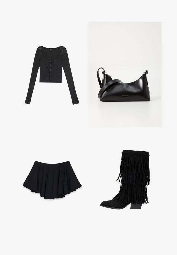 Top corto de manga larga negro con textura, escote en forma de barco y cierre de botones en el frente. Presenta ligeras rayas verticales.; Falda corta plisada negra de tela suave, con forma circular y cintura elástica, con un cierre invisible en el costado.; Bota de ante negra hasta el tobillo con tacón apilado y detalle de flecos en capas que cubre la caña.; Bolso de mano de cuero negro con una textura suave. Cuenta con una correa ajustable y un diseño elegante y minimalista con cierre de cremallera.
