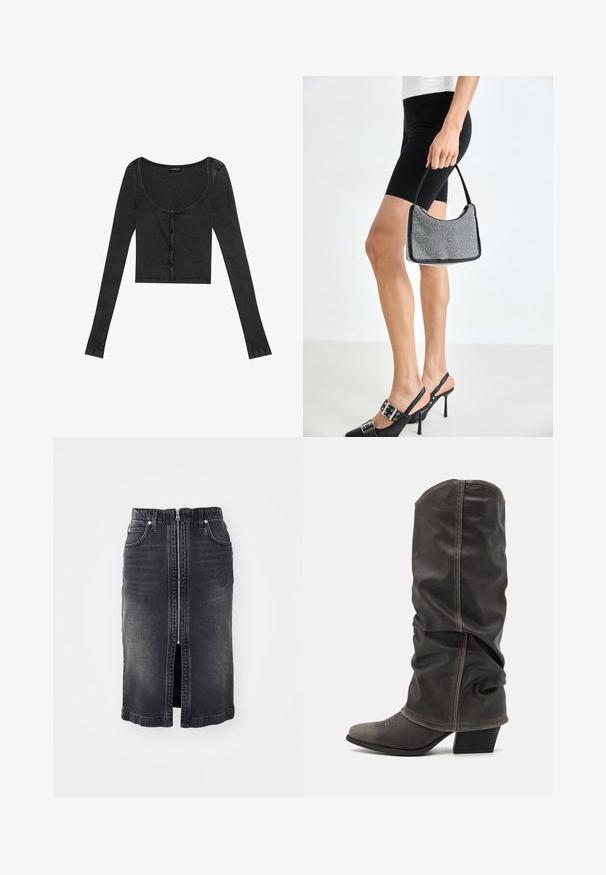 Čierny rebrovaný dlhý rukáv cropped top s oblé otvoreným výstrihom, predným zapínaním na gombíky a textúrovanou látkou. Obsahuje jemné vertikálne pruhy.; Čierna denimová sukňa s predným zipsom, dvoma postrannými vreckami, strednou dĺžkou a jemným vyblednutím. Má rovný strih a obrubené okraje.; Sivé kožené čižmy po lýtka s voľným dizajnom, špicatou špičkou a poskladaným podpätkom. Výrazné šitie v oblasti špičky.; Čierna korálková kabelka s zakriveným siluetom, nosnou rukoväťou a lesklou textúrou. Nosená s vysokými čiernymi topánkami na opätku a priliehavými čiernymi šortkami.