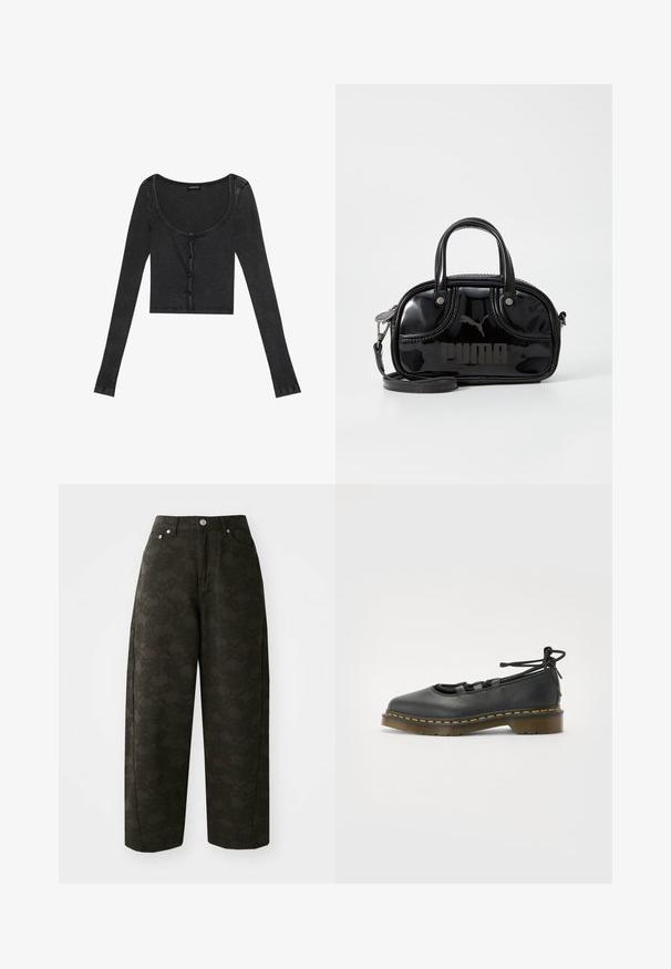 Sort ribbet langærmet cropped top med en scoop halsudskæring, knaplukning foran og tekstureret stof. Har subtile lodrette striber.; Mørkegrønne vide bukser har et tekstureret blomsterdesign, fem lommer og metalknaplukninger i taljen.; Sort lædersko med rund tå, lav hæl, snøre detaljer og gul stitching langs sålen. Glat tekstur med en mat finish.; Sort lakeret håndtaske med dobbelte top-håndtag, aftagelig skulderrem, rund form og et fremtrædende præget "PUMA"-logo.