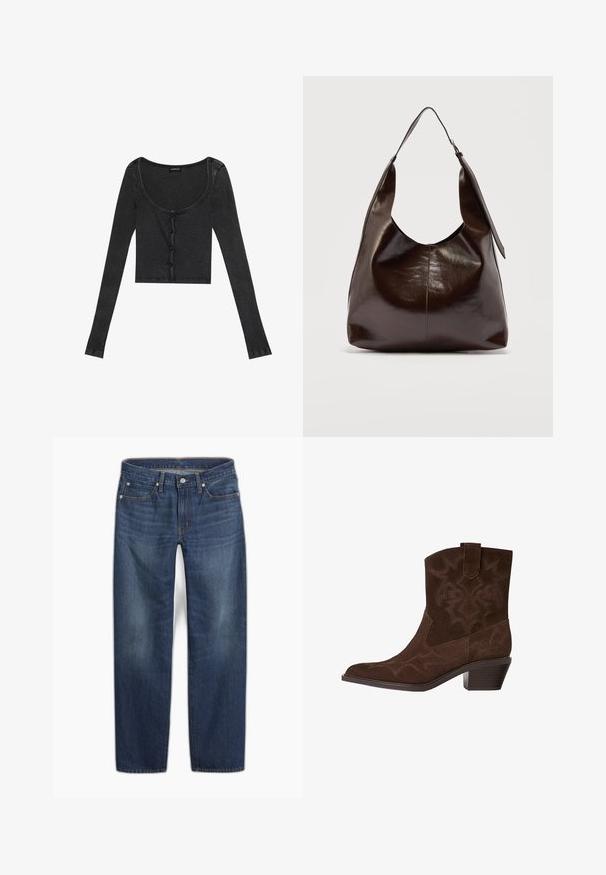 Sort ribbet langærmet cropped top med en scoop halsudskæring, knaplukning foran og tekstureret stof. Har subtile lodrette striber.; Mørkeblå denimjeans med en lige ben-design. Har knaplukning, fem lommer og subtil falmning i stoffet.; Brune ruskinds cowboystøvle med spids tå, dekorative syninger, ankelhøjde og en stablet hæl. Har en pull tab for nem påtagning.; Mørkebrunt, skinnende læder skuldertaske med en enkelt bred rem og spændedetalje på den ene side, sat mod en ensartet lys baggrund.