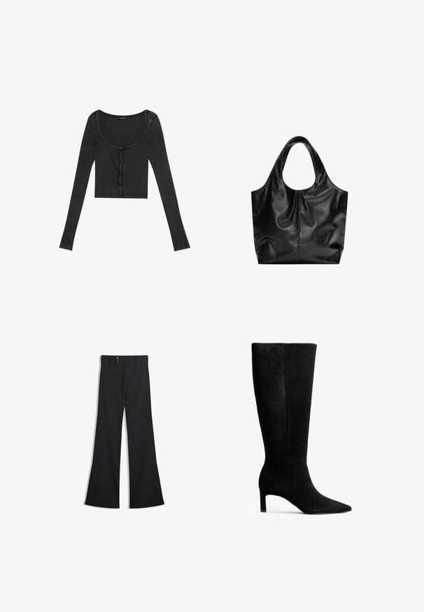 Schwarzes, geripptes, langärmliges Crop-Top mit einem runden Ausschnitt, vorderer Knopfverschluss und strukturiertem Stoff. Mit dezenten, vertikalen Streifen.; Schwarze High-Waist-Hose mit weitem Bein, doppeltem Knopfverschluss am Bund und vorderlichem Reißverschluss, flach auf weißem Hintergrund präsentiert.; Schwarze Wildleder-Stiefel bis zum Knie mit einer spitzen Zehenpartie und einem schmalen Stiletto-Absatz. Glatte Textur mit einem schlichten Design und ohne sichtbare Beschläge oder Akzente.; Schwarze Leder-Tote mit glatter Textur, weichem, abgerundetem Oberteil und breiten Tragegriffen. Merkmale minimale Nähte und eine lässige Silhouette.