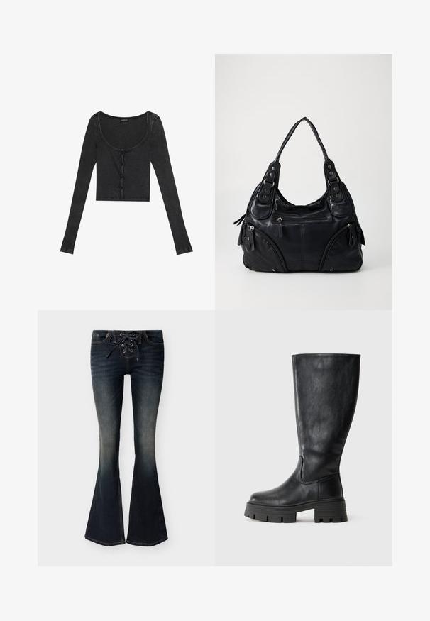 Schwarzes, geripptes, langärmliges Crop-Top mit einem runden Ausschnitt, vorderer Knopfverschluss und strukturiertem Stoff. Mit dezenten, vertikalen Streifen.; Dunkelblau gefärbte Denim-Flared-Jeans mit vorderer Schnürung und dezenten Verblassungen an Oberschenkeln und Knien.; Schwarze kniehohe Stiefel aus glattem Leder mit einer dicken, strukturierten Sohle und dezenten Nahtdetails an der Außenseite.; Schwarze Ledertasche mit doppelten Griffen, vorderen Reißverschlusstaschen und metallenen Nieten, vor einem schlichten hellen Hintergrund.
