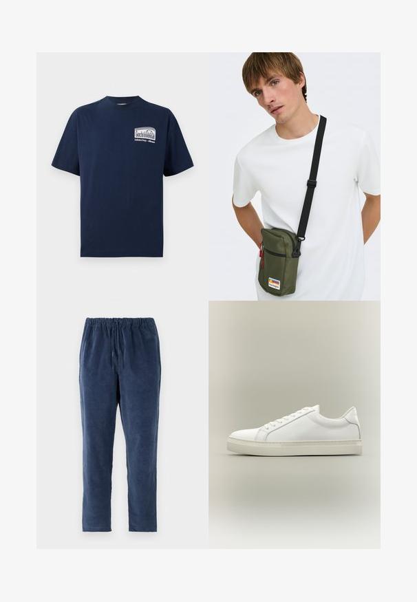 T-shirt en coton marine avec un col rond. L'avant présente un motif blanc avec le texte "Giochi Invernali" dans un design rectangulaire. Manches courtes.; Pantalons bleu marine avec une texture douce, une taille élastique et une coupe droite. Sans poches. Le tissu semble légèrement brossé.; Baskets blanches basses à lacets sur l’avant et semelle épaisse, vues de côté sur un fond neutre.; Jeune homme portant un t-shirt blanc et un sac bandoulière vert olive avec une lanière noire et un patch coloré sur la poche avant.