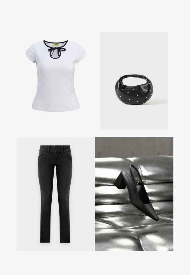 Witte korte mouwen T-shirt met een zwarte rand rond de halslijn en een strikdetail in het midden. Gemaakt van gladde katoenstof.; Zwarte denim skinny jeans met een dubbele knoop in de tailleband, voorzakken en een gladde, gestructureerde afwerking. Standaard pasvorm, volledig lengte ontwerp.; Zwarte slingback hak met een puntige neus, voorzien van een getextureerd oppervlak en een stevige blokhak. Geplaatst tegen een glanzende, metallic achtergrond.; Zwarte leren handtas met een afgeronde vorm, versierd met zilveren studs, en een korte handgreep. Gladde textuur en ritsluiting.