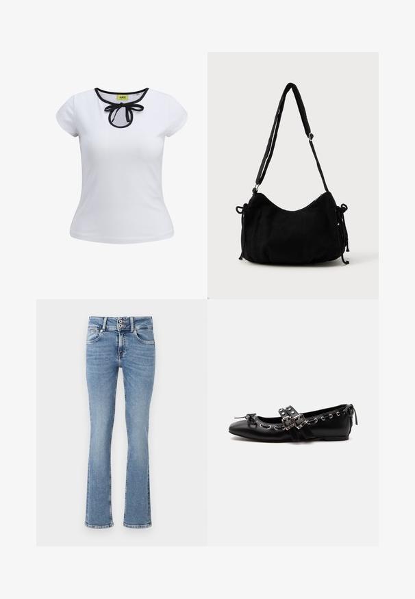 Camiseta blanca de manga corta con un ribete negro alrededor del escote y un detalle de lazo en el centro. Hecha de una suave tela de algodón.; Pantalones vaqueros de mezclilla azul de pierna acampanada con un lavado medio, cierre de botones, diseño de cinco bolsillos y detalles cosidos en los bolsillos y el dobladillo.; Zapato de ballet plano negro con correas de doble hebilla, ojales plateados y un pequeño lazo cerca de la puntera redondeada sobre un fondo blanco.; Bolso de hombro de pana negra con forma curva, correa ajustable y cierres de cordón en ambos lados para ajustar el tamaño.
