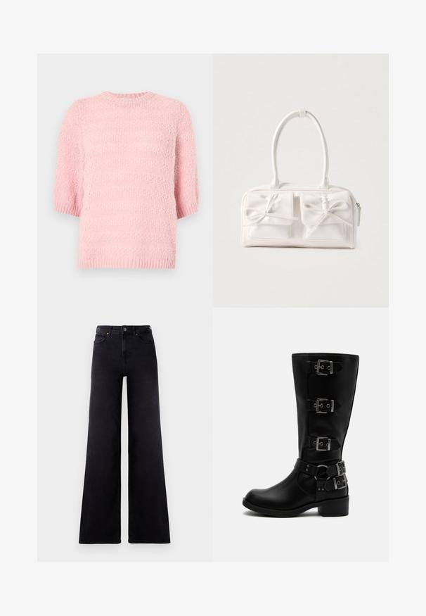 Kurzärmeliger Pullover mit Rundhalsausschnitt in sanftem Rosa. Strukturstrickmuster mit lockerem Schnitt und geripptem Saum. Leichtes Material, lässiges Design.; Hoch geschnittene schwarze weite Jeans mit vorderen Taschen, Gürtelschlaufen und einer Knopfleiste.; Schwarzer Lederstiefel bis zur Mitte der Wade mit vier verstellbaren Metallriemen und niedrigem Blockabsatz auf weißem Hintergrund.; Weiße synthetische Handtasche mit zwei vorderen Taschen, jeweils mit einer gebundenen Schleifendekoration. Glatte Textur, abgerundete Griffe und Reißverschluss.