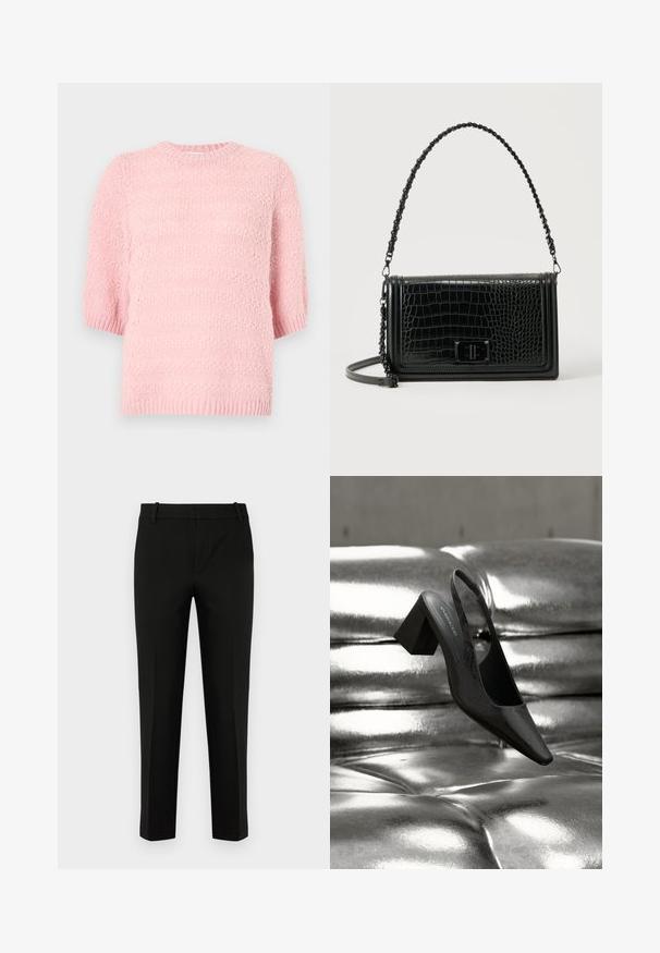Kortærmet, rundhalset sweater i blød pink. Struktureret strikkemønster med løs pasform og ribbet kant. Letvægtsmateriale, afslappet design.; Sort bukser med slim fit, der har flad front, sidelommer og en glat tekstur. Designet med mellemhøj talje og tapered ben.; Sort slingback-hæl med spids tå, der har en tekstureret overflade og en chunky blokhæl. Lagt mod en skinnende, metallisk baggrund.; Sort skuldertaske i læder med krokodillemønster, rektangulær form, stroppen med kædedetalje og frontlukning med drejelås.